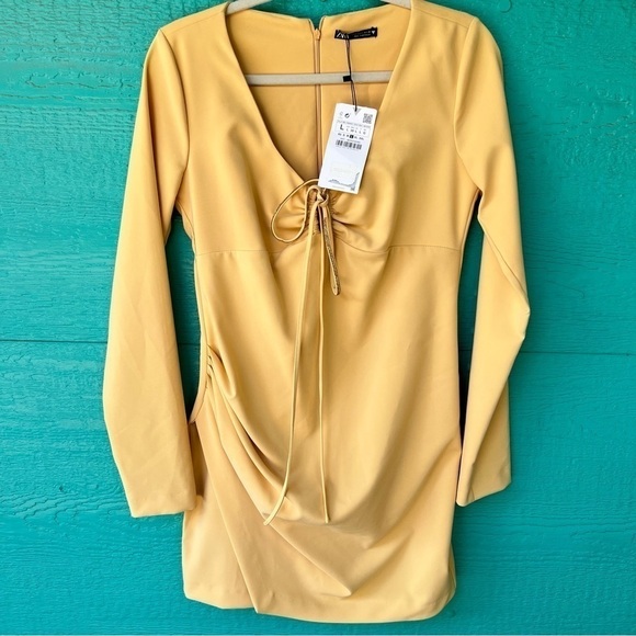 ZARA MUSTARD GOLD DRAPED DRESS WITH JEWELED STRAP SIZE LARGE NWT - Picture 1 of 16
